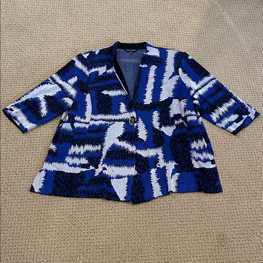 Ming Wang Black Blue Gray Abstract Print Single Button Front Blazer 2X Lagenlook